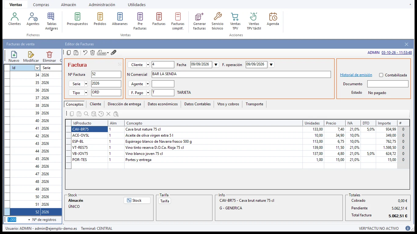 Pantalla de OverFac: lista de facturas de venta